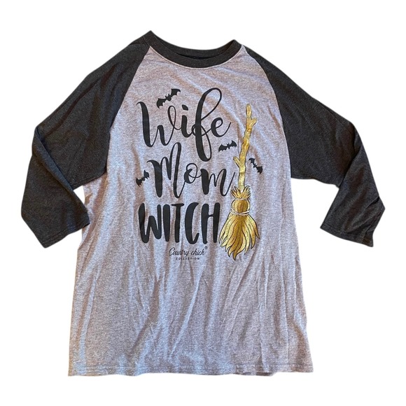 Country Chick Tops - Country Chick Wife Mom Witch Raglan Shirt Womens Medium Gray Gold Broom Graphic